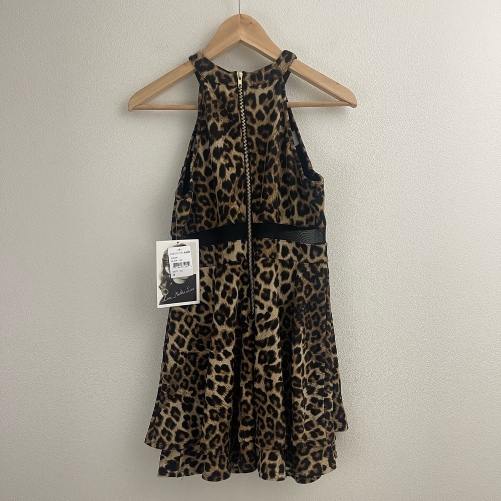 NORDSTROM LEOPARD PRINT BLACK MESH DETAIL FITTED STRECH A-LINE MINI DRESS - Picture 2 of 10